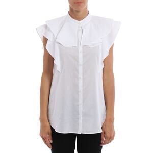 GIVENCHY White Ruched Sleeveless Poplin Ruffle Tab Collar Shirt Blouse - Sz 6